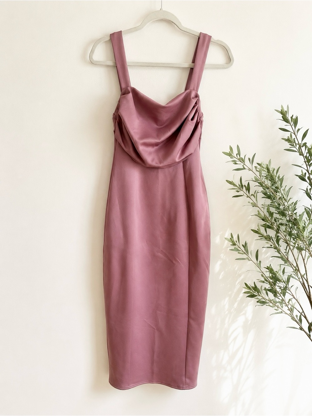 ASOS Mauve Cowl Neck Midi Dress | Wedding Guest Bodycon Dress